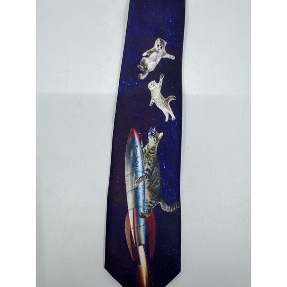 Purple Cosmic/Galaxy Zip Up Business Tie With Cats and Rocket - Picture 2 of 12